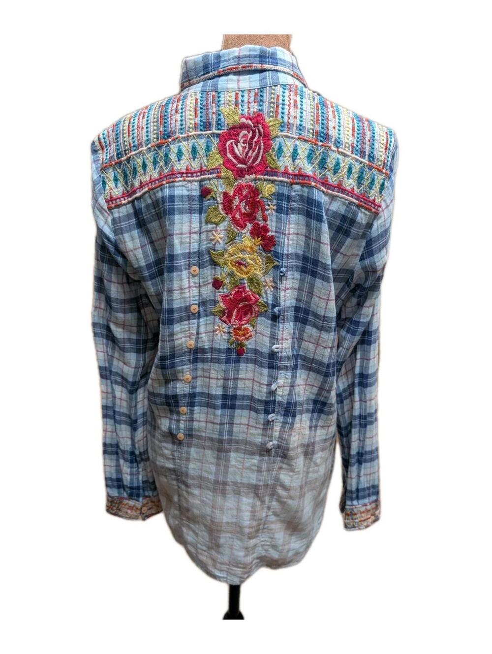 Johnny Was Workshop Plaid Embroidered Floral Long Sleeve Shirt Womens Small